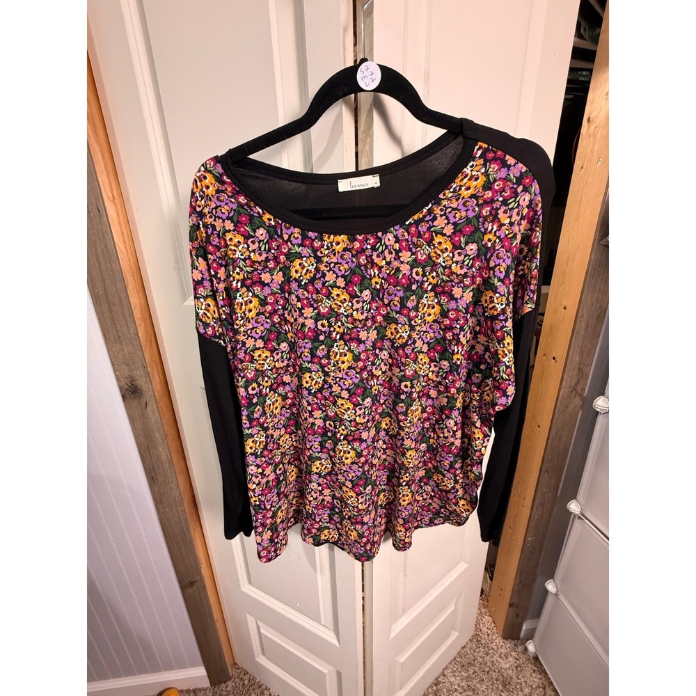 Les Amis Womens Floral Print Front Long Sleeve Scoop Neck Top Black Multi Small